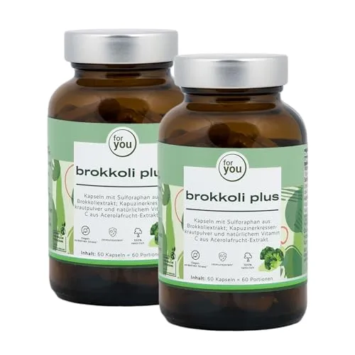 for you brokkoli plus - 2x60 Kapseln Doppelpack mit je 40 mg Sulforaphan + Kapuzinerkressenkraut zur Verbesserung der Sulforaphan-Aufnahme + natürlichem Vitamin C für mehr Bioverfügbarkeit - Longevity