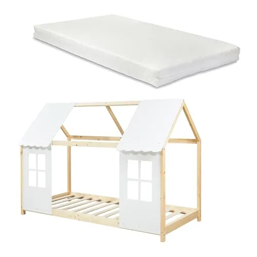 [en.casa] Kinderbett Tostedt mit Matratze Hausbett Jugendbett Bettenhaus Spielbett Halboffenes Design Montessori Bett aus massiver Kiefer Bettgestell Holz 90 x 200 cm Holz/Weiß