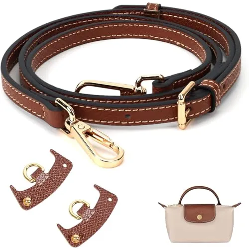 Einstellbarer No-Punch Taschengurt, Leder Cognac Schulterriemen, Schultergurt für Longchamp Mini Tasche Damen