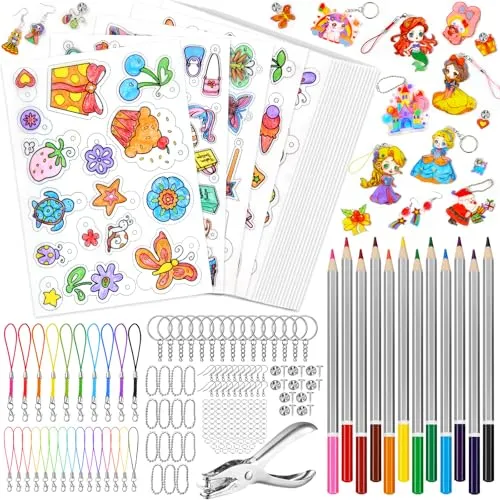 CGBOOM 218 Stück Schrumpffolie Set 20 Stück Schrumpffolie zum Basteln, inklusiv A4 Schlüsselanhänger, Schließe, Bleistifte, Locher für Kinder, 21 x 30 cm