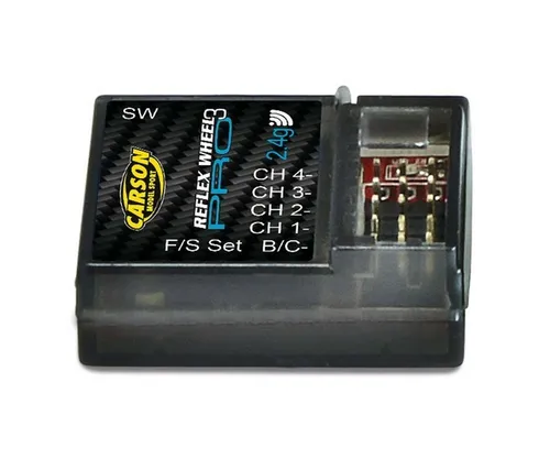 Carson Empfänger Reflex Wheel PRO 3 2,4 GHz - 4-Kanal Empfänger mit Failsafe-Funktion, bietet zuverlässige Verbindung und hohe Leistung bis 11,1V für Ihr Modellbau-Projekt.
