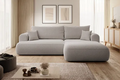 Selsey Ecksofa Ovo, Mokka, L-Form mit Ottomane rechts - Elegantes Ecksofa in L-Form mit weichem Bouclé-Bezug, ideal für Wohnzimmer. Verwandelt sich mühelos in ein Doppelbett und bietet maximalen Sitzkomfort dank hochwertiger Polsterung.