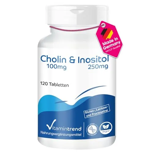 Vitamintrend Cholin 100mg + Inositol 250mg, 120 Tabletten, Nahrungsergänzungsmittel vegan ohne Magnesiumstearat, in Deutschland hergestellt