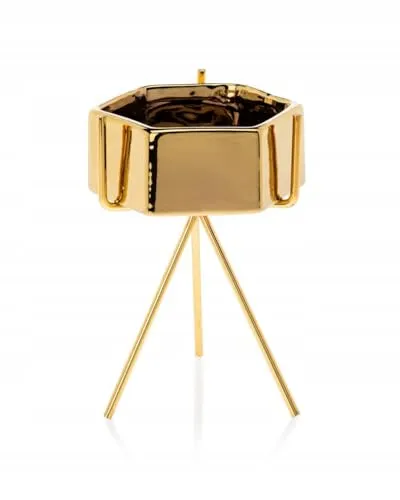 HowHomely Keramik Blumentopf mit Metallständer 16 x 9,5 cm für Wohnzimmer - Deko Blumenübertopf mit Pflanzschale Rund 11 cm Ø Gold Übertopf