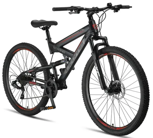 Licorne Bike Mountainbike Strong 2D Premium - 26, 27,5 & 29 Zoll - Mountainbike in Schwarz/Rot, ideal für Offroad-Abenteuer mit robustem Rahmen und maximalem Gewicht von 95 kg.