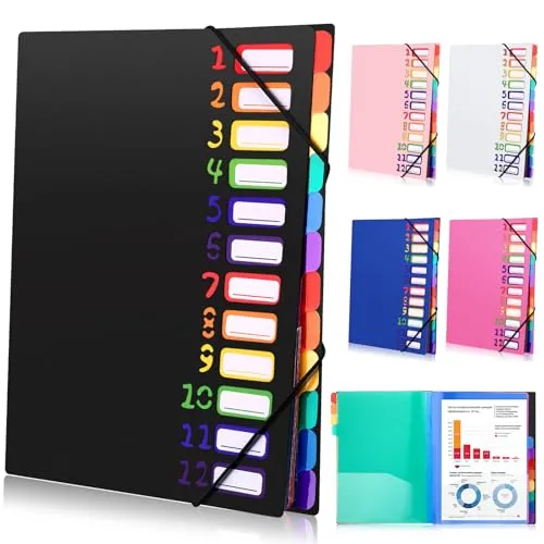 Tatxmalv A4 Dokumentenmappe, Fächermappe, Dokumentenmappe mit 12 Fächer, Mappe Organizer mit Gummizug für Büro Dokumente, Schule Hausaufgaben und Papier, Wasserdicht, mit Etikett (Schwarz)