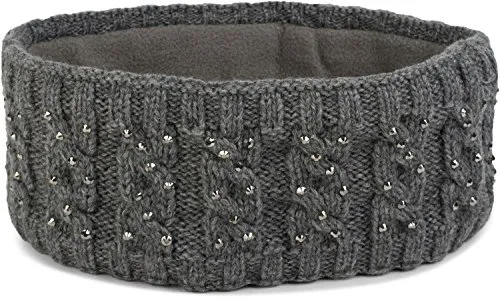 styleBREAKER Damen Stirnband mit Zopfmuster und Strass, weiches Fleece Innenfutter, Haarband, Headband 04026001, Farbe:Grau
