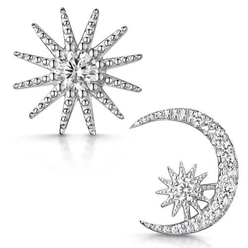 MATERIA Ohrstecker Sonne Mond und Sterne aus 925 Silber - Ohrschmuck im modernen Astrologie-Design aus Sterlingsilber mit Zirkonia, perfekt für stilbewusste Sternenliebhaber. Lieferung im edlen Schmuck-Etui.