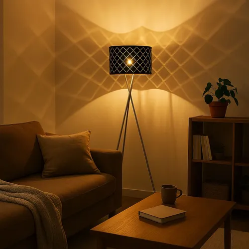 Luxuriöse LED Stehlampe schwarz-gold - Stehleuchte mit elegantem Textilschirm und Dekorstanzungen für ein einzigartiges Licht-Schattenspiel. Ideal für Wohnzimmer und Schlafzimmer, inklusive 7W E27 LED Leuchtmittel für warmes Licht.
