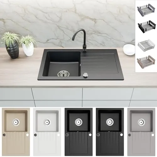 Faizee Möbel Granitspüle 76x44 - Beidseitig montierbare Küchenspüle aus hochwertigem Granit, inkl. Siphon Set und Spülkorb – ideal für moderne Küchen.