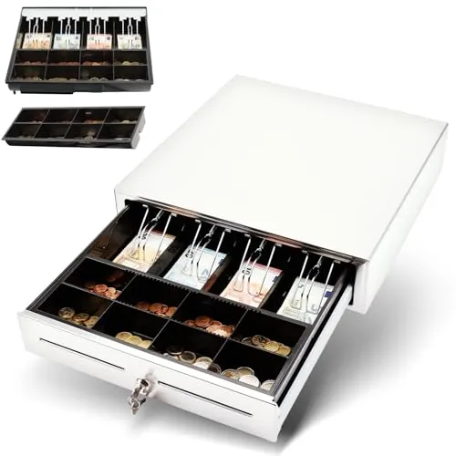 Olympia LD 410S Kassenschublade - Geldkassette abschließbar mit Einwurfschlitz, RJ12-kompatibel und ideal für Handel & Gastronomie – bietet maximale Sicherheit durch robustes Ganzstahlgehäuse und effiziente Organisation mit 8 Münz- und 4 Scheinfächern.