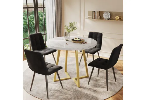 Flieks Essgruppe 5-tlg. mit runden Tisch und 4 Stühlen - Moderne Essgruppe für Küche oder Esszimmer, mit stilvollen schwarzen Samtstühlen und goldenen Metallbeinen, ideal für gemütliche Mahlzeiten.