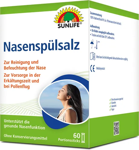 SUNLIFE® Nasenspülsalz 60 Stk zur Nasenreinigung bei Schnupfen Erkältung/Pollen + Befeuchtung mit hochwertiges Natriumchlorid