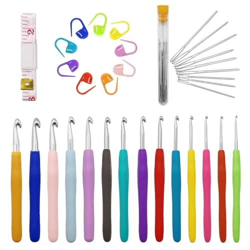 Stück Häkelnadeln Set in Voller Größe, 44 Stück Häkelset für Anfänger mit Häkel Zubehör,Ergonomische Häkelnadel Soft Gummi Häckelnadel Häkelhaken Set(2.0mm-10.0mm) 14