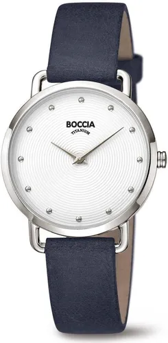 Boccia 3314-01 Damenuhr Titanium 32mm - Armbanduhr aus hochwertigem Titan und navyblauem Leder, wasserdicht bis 5 ATM. Klassisches Design mit elegantem weißen Ziffernblatt und präzisem Quarzwerk für Damen.