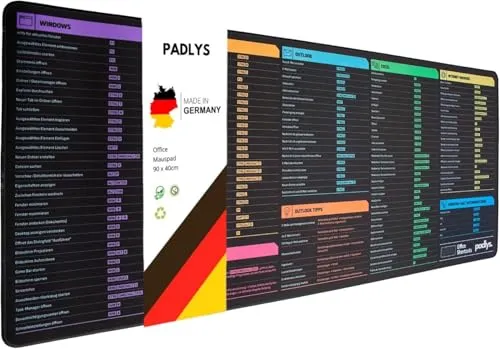 Padlys Excel & Office Mauspad Deutsch – Große Schreibtischunterlage mit Tastenkombinationen für Windows, Word & Excel Shortcuts – Matte für Büro (Windows, Excel, Outlook, Word, 80 x 30 cm)