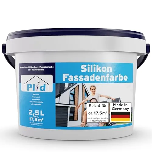 Plid® Silikon Fassadenfarbe Weiss Aussen matt 2,5L - Lacke für wetterfeste Fassadenanstriche, hoch wasserabweisend und mit hervorragendem Deckvermögen, ideal für langlebigen Schutz gegen Umwelteinflüsse.