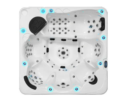 Hot Tub Whirlpool Massagebad 220x220cm mit LED Beleuchtung - Genießen Sie entspannende Stunden in diesem quadratischen Outdoor-Spa mit 1200 L Fassungsvermögen. Hergestellt aus hochwertigem Acryl und mit 2 Jahren Herstellergarantie.