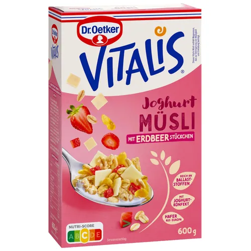 Dr. Oetker Vitalis Joghurtmüsli mit Erdbeerstückchen 600g Packung