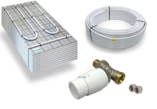 Warmwasser Tackerplatte Fußbodenheizung HoWaTech TAC Komplett Set 5/10m² Dämmplatte 20mm EPS WLG 045 DES und RTL-Ventil, Heizfläche:5.00m²