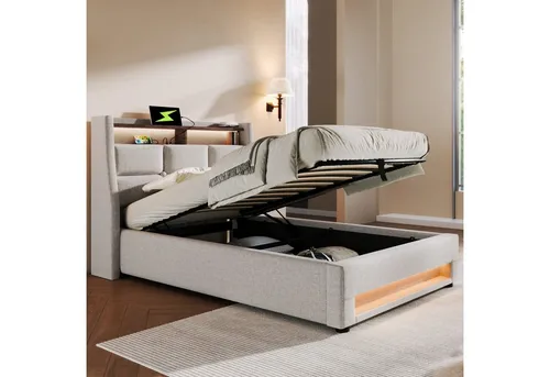 STILVORA Polsterbett 160×200cm mit LED-Licht & USB, Beige