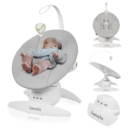 LIONELO Iris Elektrisch Babywippe - 360° drehbar, für Babys bis 9 kg, 5 Wiegegeschwindigkeiten, rutschfester Sicherheitsgurt und 12 Melodien mit Spielzeug