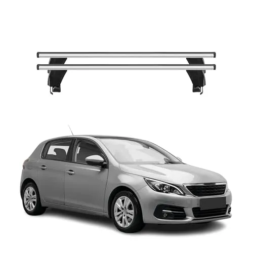 Menabo Dachträger Grundtäger kompatibel mit Peugeot 308 2013-2021 Aluminium 50kg Silber 2tlg Ohne Reling für Fahrradträger, Dachboxen, Skiträger Abschließbar