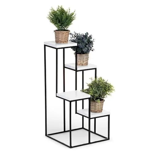 HowHomely 4 Etagen Blumentreppe - Metall Pflanzentreppe 70 cm Hoch - Blumenregal mit MDF-Platten in Weiß für 4 Blumen - Blumenständer für die Innendekoration