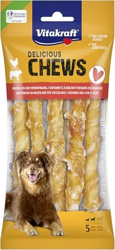 Vitakraft Chews, Hundesnack, Kaurolle zur Belohnung, aus getrockneter Rinderhaut, umwickelt mit magerem Hühnchenfleisch, fettarm, für mittelgroße Hunde (1x 5 Stück)