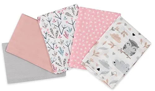 FENSILO 5er Pack Musselin-Tücher für Baby 34x34 cm, Baby Waschlappen aus Musselin - Vielseitige Mulltücher als Spucktücher, Schnuffeltuch, 100% Baumwolle, Spuctuch Rosa Mädchen