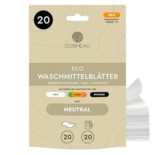 Cosmeau Waschmittel Blätter Neutral – bis zu 20 Waschgänge (20 Blätter) – Nachhaltiges Waschmittel für Weiß, Farbe und Schwarz – Abbaubar & Perfektes Reisewaschmittel