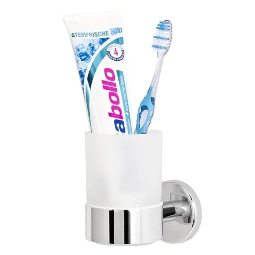 bremermann Bad-Serie Lucente - Glasbecherhalter, Zahnputzbecherhalter inkl. Wandhalterung, Becherhalter - Zahnbürstenhalter, aus satiniertem Glas und Edelstahl verchromt