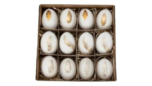 NaDeco Hühnereier, bemalt, 12 Stück, mit Hänger, in vielen Farben & mit verschiedenen Motiven erhältlich | Deko-Ostereier | Schöne Osterdeko zum Aufhängen, Farbe:Goldene Feder