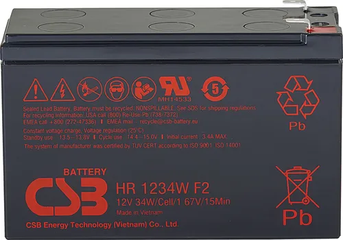 CSB Bleiakku 12V / 34 W CSB-HR1234WF2 - Der CSB HR 1234W ist ein wartungsfreier 12 V Bleiakku mit hoher Entladeleistung, ideal für Notstrom- und USV-Systeme. Kompakt und robust, bietet er zuverlässige Energie im Standby- und Dauerbetrieb.