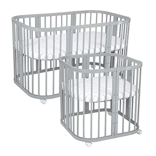 Waldin 7-in-1 Kinderbett mit Matratze - Grau - Vielseitiges Kinderbett mit 7 Funktionen! Wächst mit dem Kind, 5-fach höhenverstellbar und inklusive Schaumstoffmatratze. Ideal für kleine Räume und lange Nutzungsdauer.
