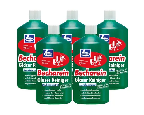 Dr. Becher Becharein Gläser Reiniger Hochkonzentrat 1L - 5er Pack - Fensterputzmittel für Gastronomie, entfernt effektiv Lippenstift und Fettreste, stabilisiert Bierschaum und reicht für bis zu 5.000 Liter Spülwasser.