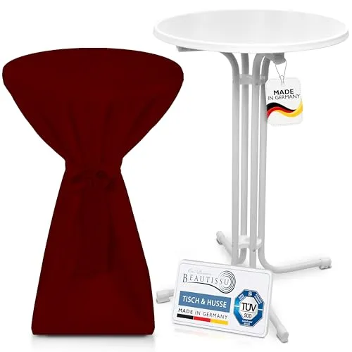 Beautissu Weißer Outdoor Stehtisch klappbar mit Husse 70 cm Bordeaux – Wetterfester Partytisch Sylt + Premium Stehtischhusse – Platzsparender Bistrotisch Gastro-Qualität TÜV Made in Germany