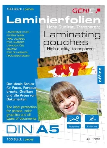 Genie 10262 Laminierfolien (glasklar; 80 Mikron für Formate bis zu DIN A5; geeignet für alle Heißlaminiergeräte) 100er Pack
