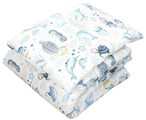 TupTam Kinderbettdecke Set – Meerestiere Blau 2tlg. - Gemusterte Ganzjahresdecke und Kopfkissen für Kinder, aus 100% Baumwolle, atmungsaktiv und weich für einen erholsamen Schlaf.