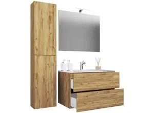 VCM 5-tlg. Waschplatz Badmöbel Set Badinos - Moderne Badmöbel mit 60 cm Waschtisch, zwei Schubladen und Spiegel aus ESG-Sicherheitsglas, ideal für stilvolle Badezimmergestaltung.
