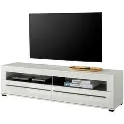 Furn.Design TV-Lowboard Design-D, Weiß Hochglanz - Elegantes TV-Lowboard mit 2 Soft-Close-Schubladen und offenen Fächern für praktischen Stauraum. Ideal für ein modernes Wohnzimmer, pflegeleicht und aus FSC-zertifiziertem Holzwerkstoff.