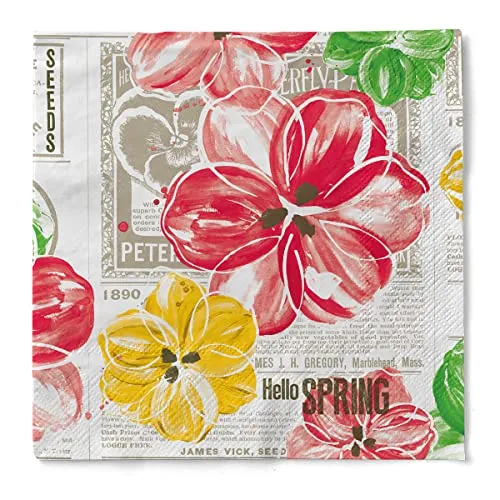 Sovie HOME Serviette HELLO SPRING in Gelb-Rot, 3-lagiges Tissue, 33x33 cm, 1/4 Falz, 20 Stück, Aquarellblüten auf dekorativem Zeitungsprint, Ideal für Garten- & Sommerfeste, Geburtstage
