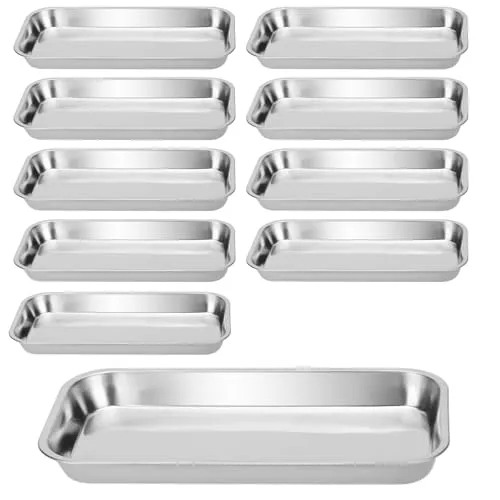 SEUICYNE 10 Stück Edelstahl Instrumententablett, 22.5x11.7x2cm Klein Labortablett Rechteckig Tablett Edelstahltabletts Silber Nützliches Werkzeug Servierplatten für Labor