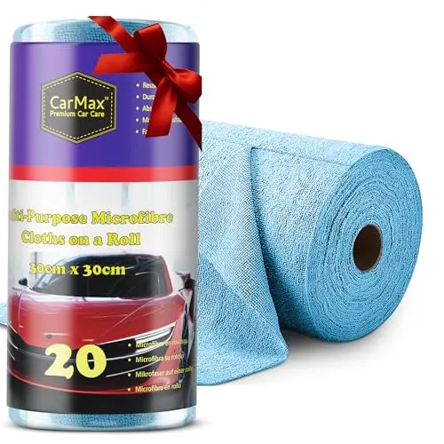 CarMax® – 20 Mehrzweck-Mikrofasern zur Autoreinigung und Detaillierung auf einer Rolle, wiederverwendbare Mikrofaser-Handtücher, 30 cm x 30 cm, auf Rolle zum Abreißen