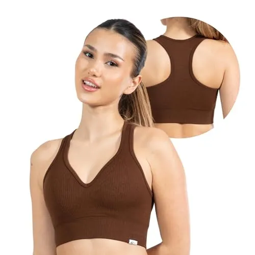 SMILODOX Sport BH Damen Amaze Pro - Blickdicht rutschfest Sport Bra - Seamless Gerippter Stoff Crop Top - Atmungsaktive Yoga Tank Top für Fitness & Gym, Größe:M, Color:Braun