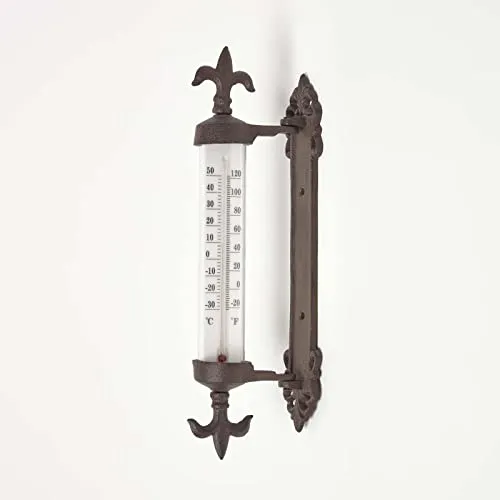 HOMESCAPES Fensterrahmen-Thermometer Gusseisen 30 cm hoch, Outdoor-Thermometer im Antik-Look, Thermometer Fahrenheit Celsius