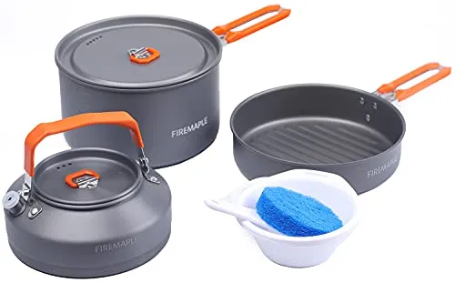 Fire-Maple Feast 2 Camping-Kochgeschirr-Set Outdoor-Kochset mit Topf, Wasserkocher, Pfanne, Schalen und Spatel für 1 bis 3 Personen beim Backpacking, Trekking, Wandern, Angeln und Picknick Orange