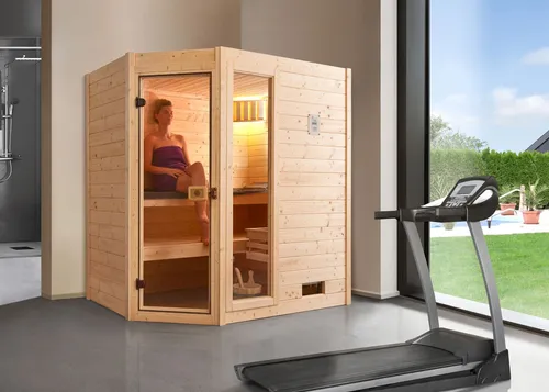 Weka Massivholzsauna Valida Eck 5,4 kW mit Glastür - Massivholzsauna & Elementsauna, ideal für Ecken mit flexibler Ganzglastür und hochwertigem Fichtenholz für ein optimales Saunaklima.