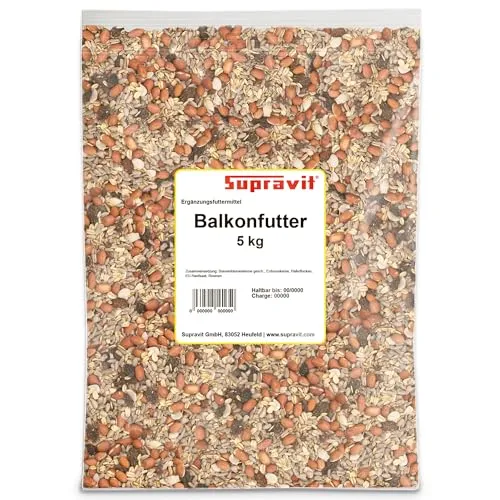 Supravit Balkonfutter für Wildvögel 5kg – Premium energiereiches Wildvogelfutter schalenfrei | Sonnenblumenkernen, Erdnüssen, Haferflocken & Rosinen | Ganzjahres- & Winterfutter