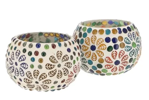 GURU SHOP 2 Handgearbeitete Glas Mosaik Windlichter, Romantisches Windlicht, Mosaik Teelicht, Vintage Teelichthalter - Set 3, 6x9x9 cm